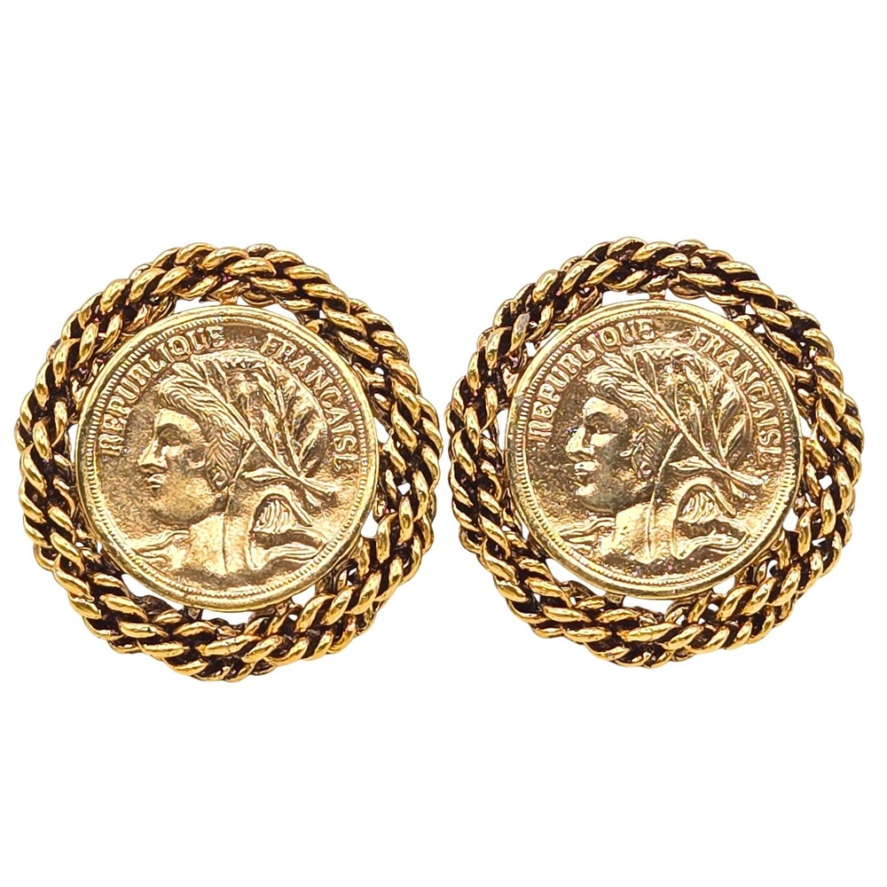 Vintage Republique Francaise Coin Clip On Earrings Gold Tone Rope Border 1.5"